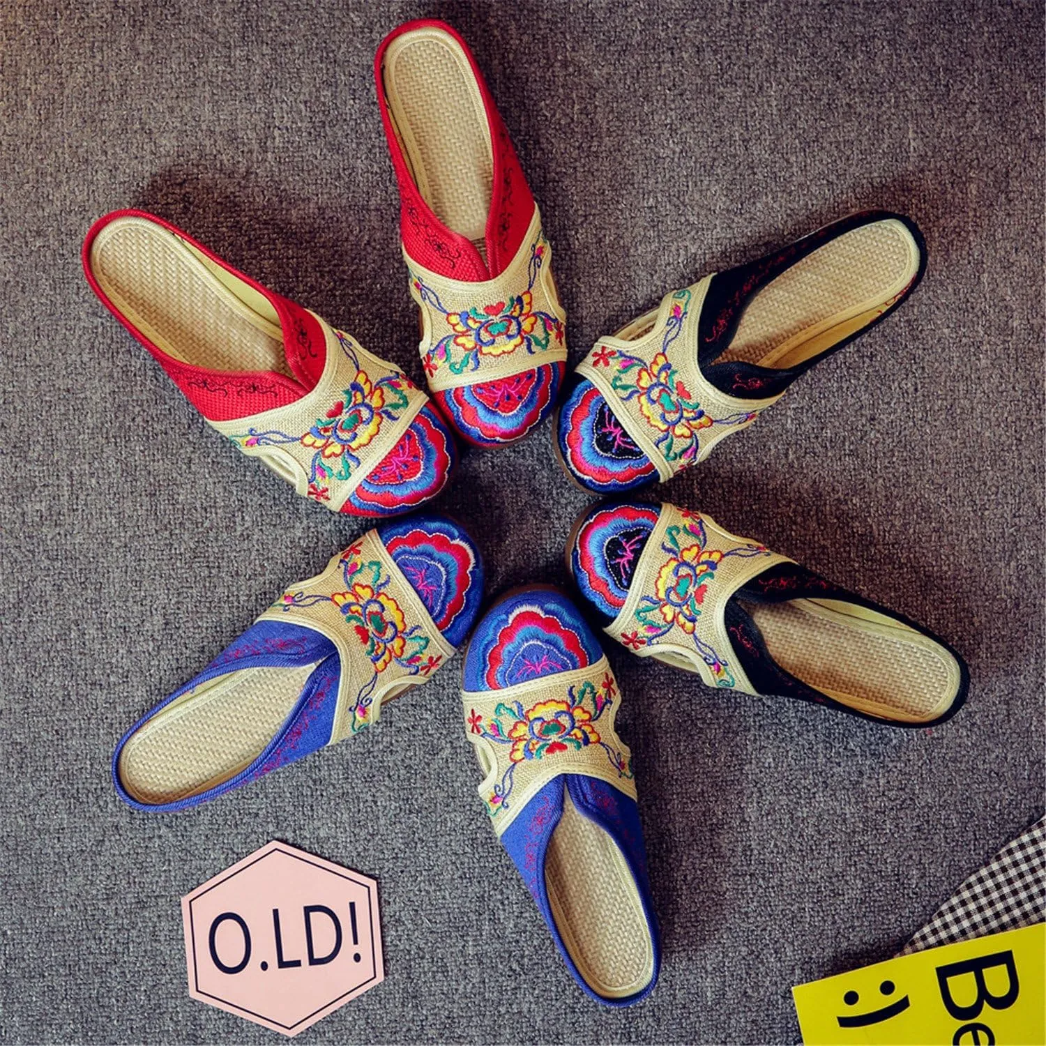 Qhome Women's Floral Embroidery Comfortable Casual Linen Mules House Slippers Oxford Shoes