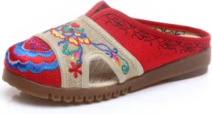 Qhome Women's Floral Embroidery Comfortable Casual Linen Mules House Slippers Oxford Shoes