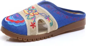 Qhome Women's Floral Embroidery Comfortable Casual Linen Mules House Slippers Oxford Shoes