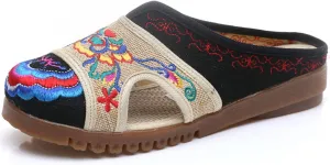 Qhome Women's Floral Embroidery Comfortable Casual Linen Mules House Slippers Oxford Shoes