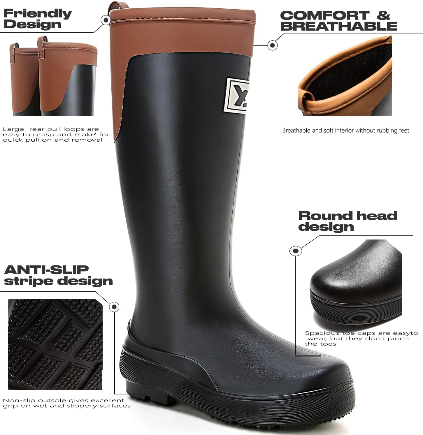 Rain Boots for Women and Waterproof Garden Shoes, Anti-Slipping Rubber Boots Lightweight Work Tall Fishing Boots for Outdoor