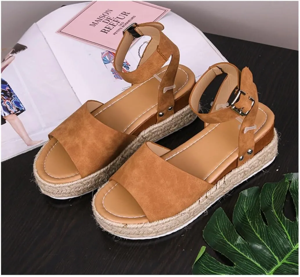 Rattan Sandals Raffia Wedge Espadrilles for Women Platform Dress Shoes Slingback Ankle Straps Casual House Slippers Breathable Open Toes Comfort Walking Slides Summer Outdoor Beach Party Vacation