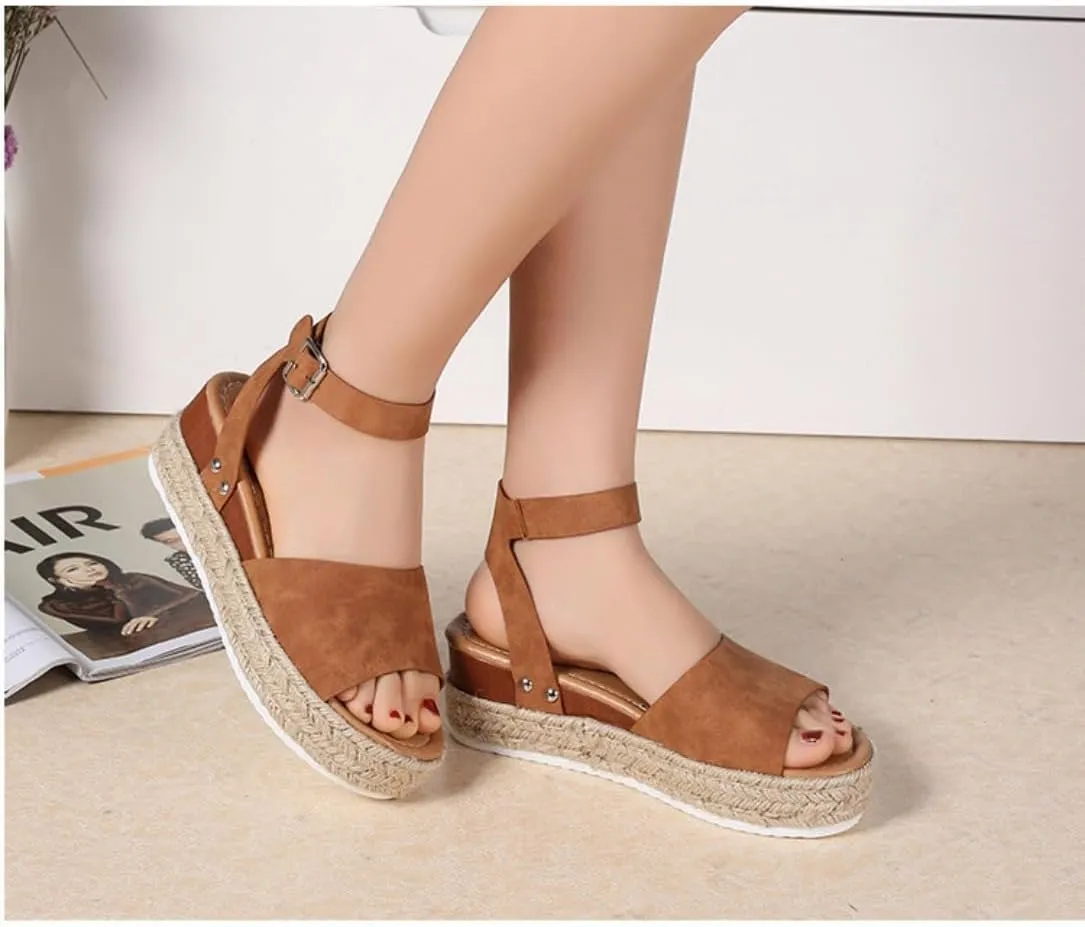 Rattan Sandals Raffia Wedge Espadrilles for Women Platform Dress Shoes Slingback Ankle Straps Casual House Slippers Breathable Open Toes Comfort Walking Slides Summer Outdoor Beach Party Vacation
