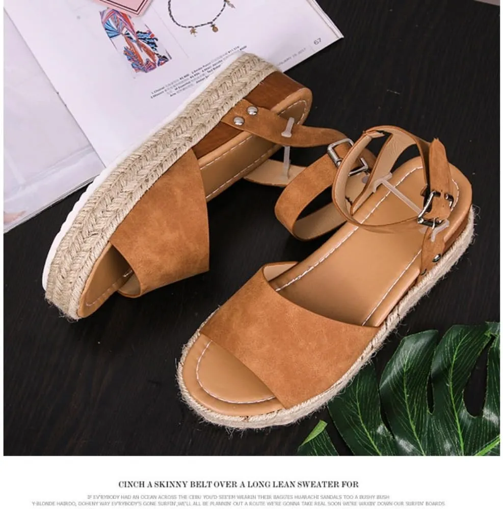 Rattan Sandals Raffia Wedge Espadrilles for Women Platform Dress Shoes Slingback Ankle Straps Casual House Slippers Breathable Open Toes Comfort Walking Slides Summer Outdoor Beach Party Vacation
