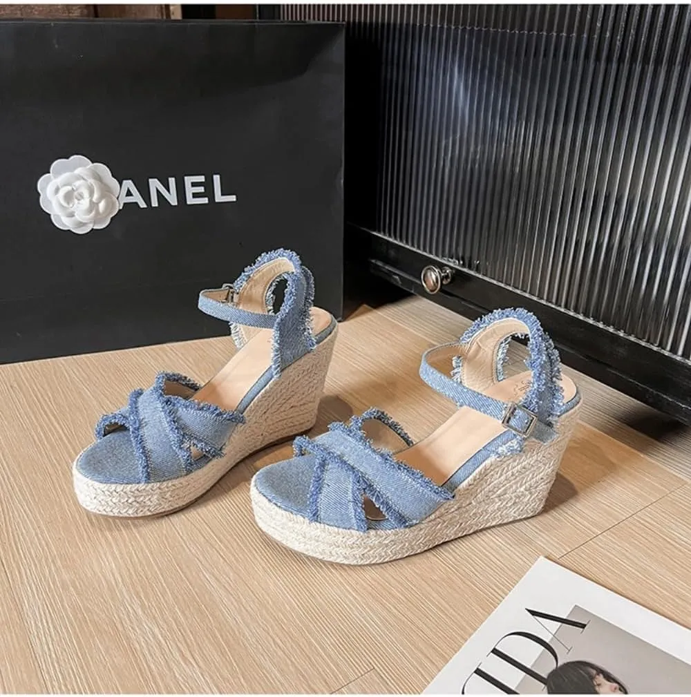 Rattan Sandals Raffia Wedge Espadrilles for Women Platform Dress Shoes Slingback Buckled Straps Slip on House Slippers Breathable Open Toes Casual Summer Walking Slides No Slip Sole with Arch Support