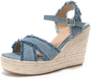 Rattan Sandals Raffia Wedge Espadrilles for Women Platform Dress Shoes Slingback Buckled Straps Slip on House Slippers Breathable Open Toes Casual Summer Walking Slides No Slip Sole with Arch Support