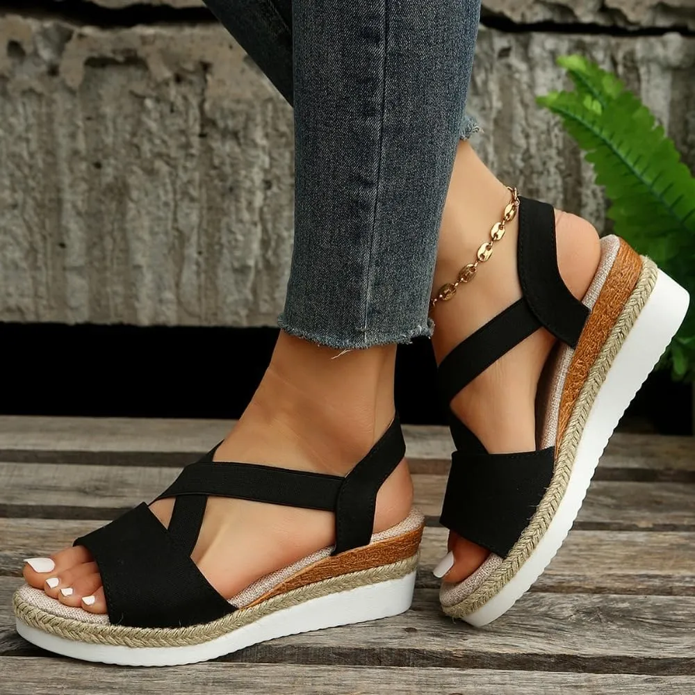 Rattan Sandals Raffia Wedge Espadrilles for Women Platform Slingback Dress Shoes Slip On House Slippers Breathable Open Toes Arch Support No Slip Comfort Walking Slides Summer Beach Party Vacation