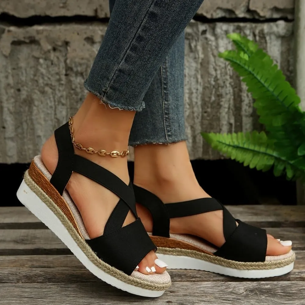 Rattan Sandals Raffia Wedge Espadrilles for Women Platform Slingback Dress Shoes Slip On House Slippers Breathable Open Toes Arch Support No Slip Comfort Walking Slides Summer Beach Party Vacation