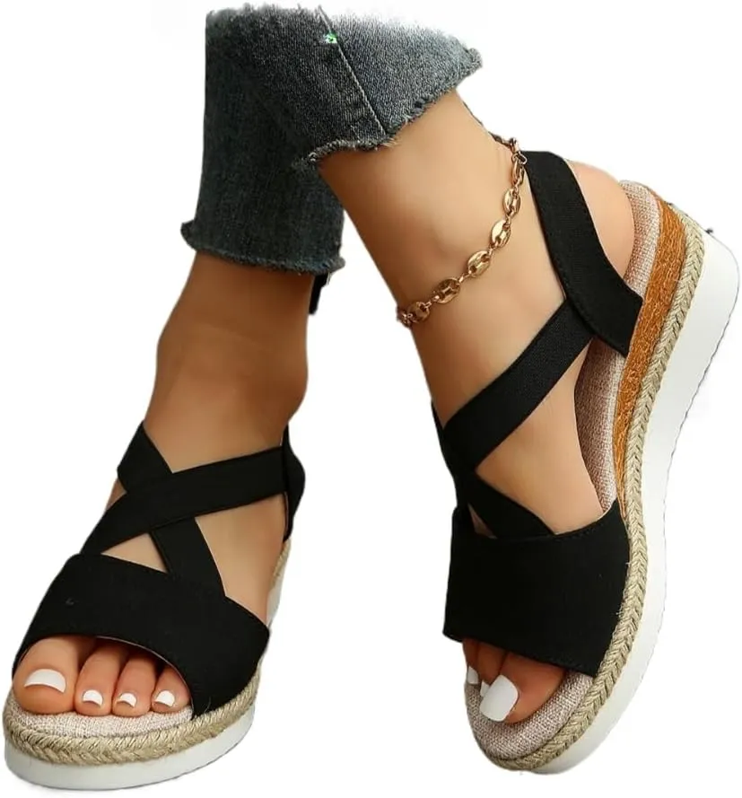 Rattan Sandals Raffia Wedge Espadrilles for Women Platform Slingback Dress Shoes Slip On House Slippers Breathable Open Toes Arch Support No Slip Comfort Walking Slides Summer Beach Party Vacation