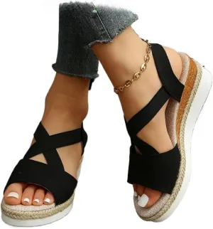 Rattan Sandals Raffia Wedge Espadrilles for Women Platform Slingback Dress Shoes Slip On House Slippers Breathable Open Toes Arch Support No Slip Comfort Walking Slides Summer Beach Party Vacation