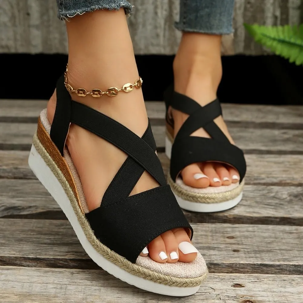 Rattan Sandals Raffia Wedge Espadrilles for Women Platform Slingback Dress Shoes Slip On House Slippers Breathable Open Toes Arch Support No Slip Comfort Walking Slides Summer Beach Party Vacation
