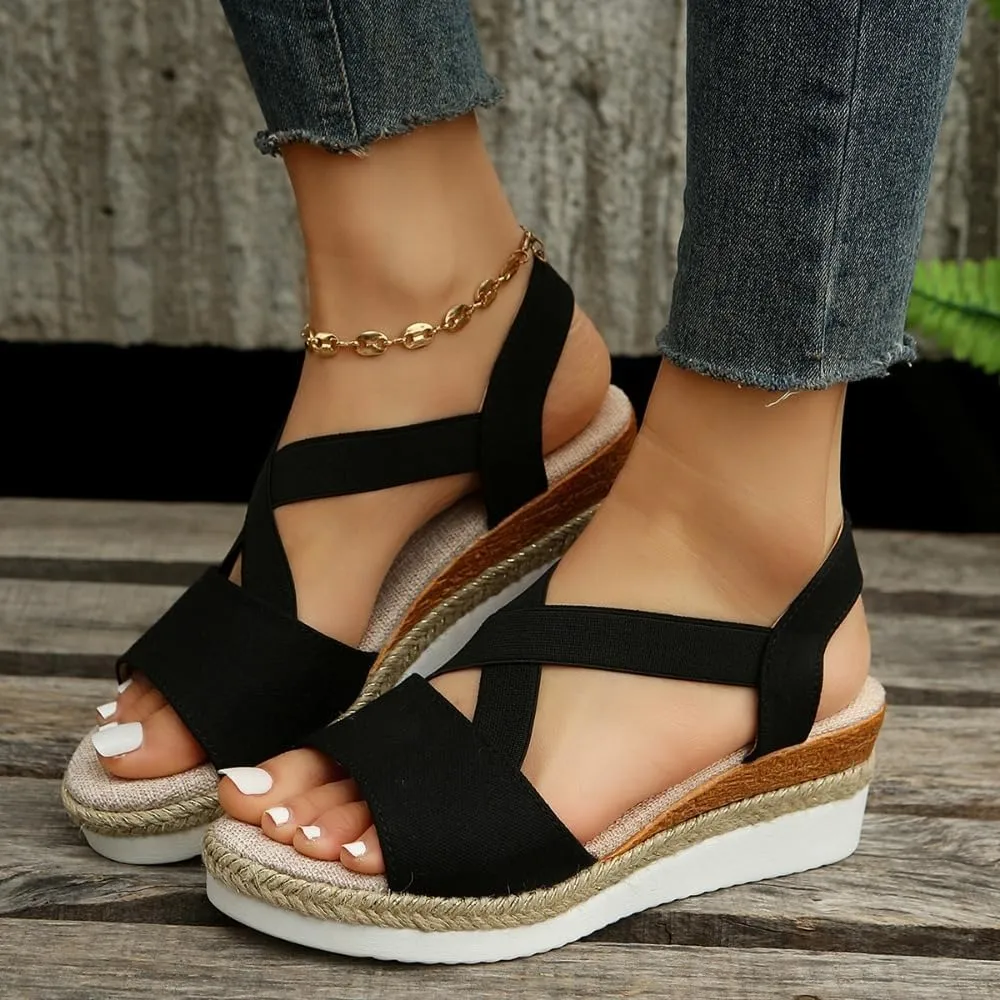 Rattan Sandals Raffia Wedge Espadrilles for Women Platform Slingback Dress Shoes Slip On House Slippers Breathable Open Toes Arch Support No Slip Comfort Walking Slides Summer Beach Party Vacation