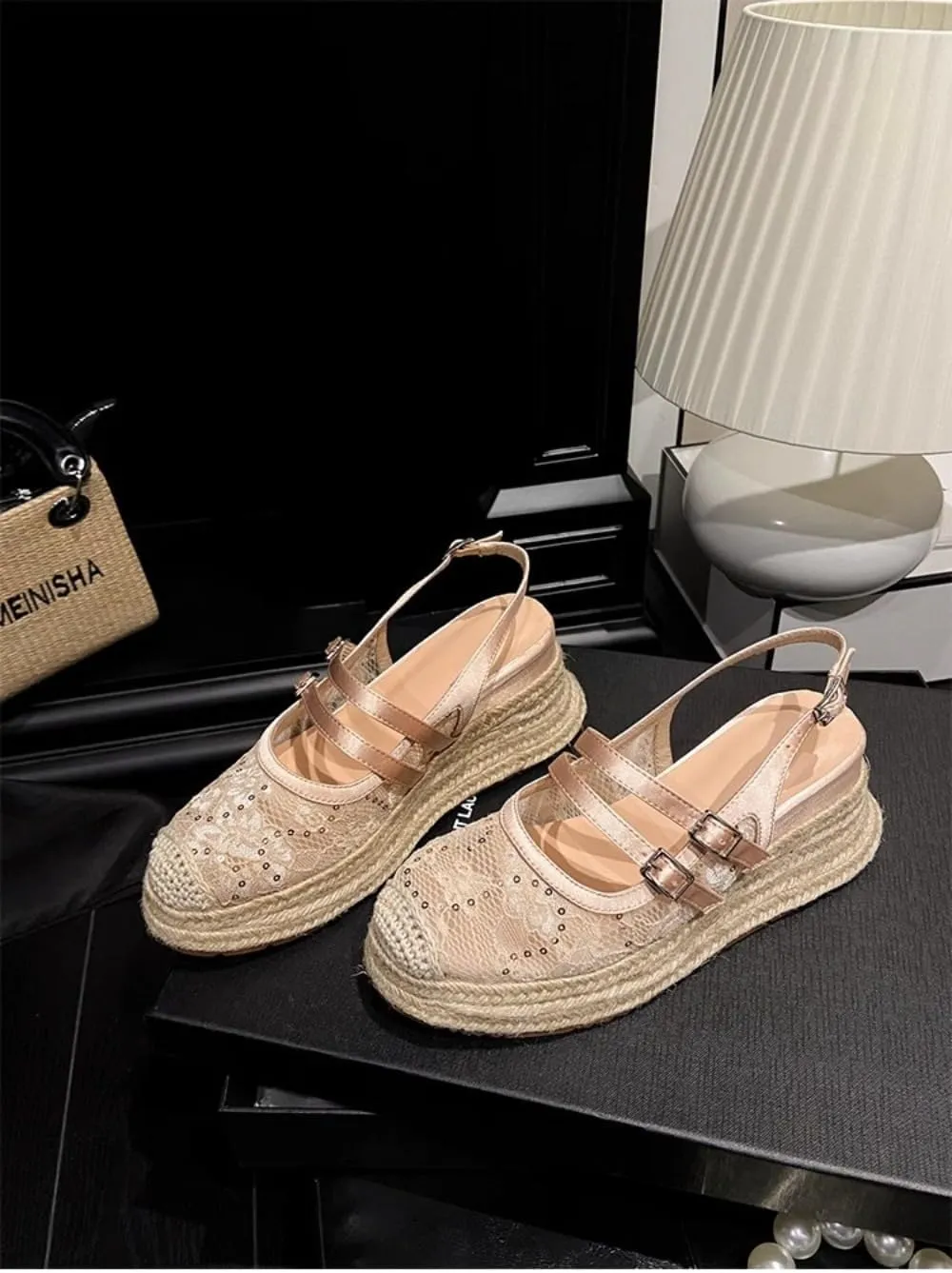 Rattan Sandals Raffia Wedge Espadrilles for Women Platform Straw Woven Slingback Dress Shoes Slip on House Slippers Breathable Closed Toe Casual Summer Walking Slides No Slip Sole with Arch Support