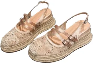 Rattan Sandals Raffia Wedge Espadrilles for Women Platform Straw Woven Slingback Dress Shoes Slip on House Slippers Breathable Closed Toe Casual Summer Walking Slides No Slip Sole with Arch Support