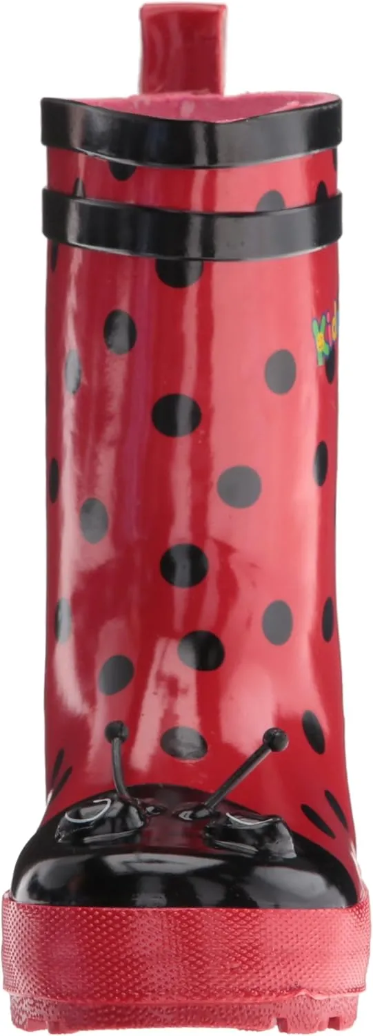 Red Ladybug Natural Rubber Rain Boots With A Pull On Heel Tab
