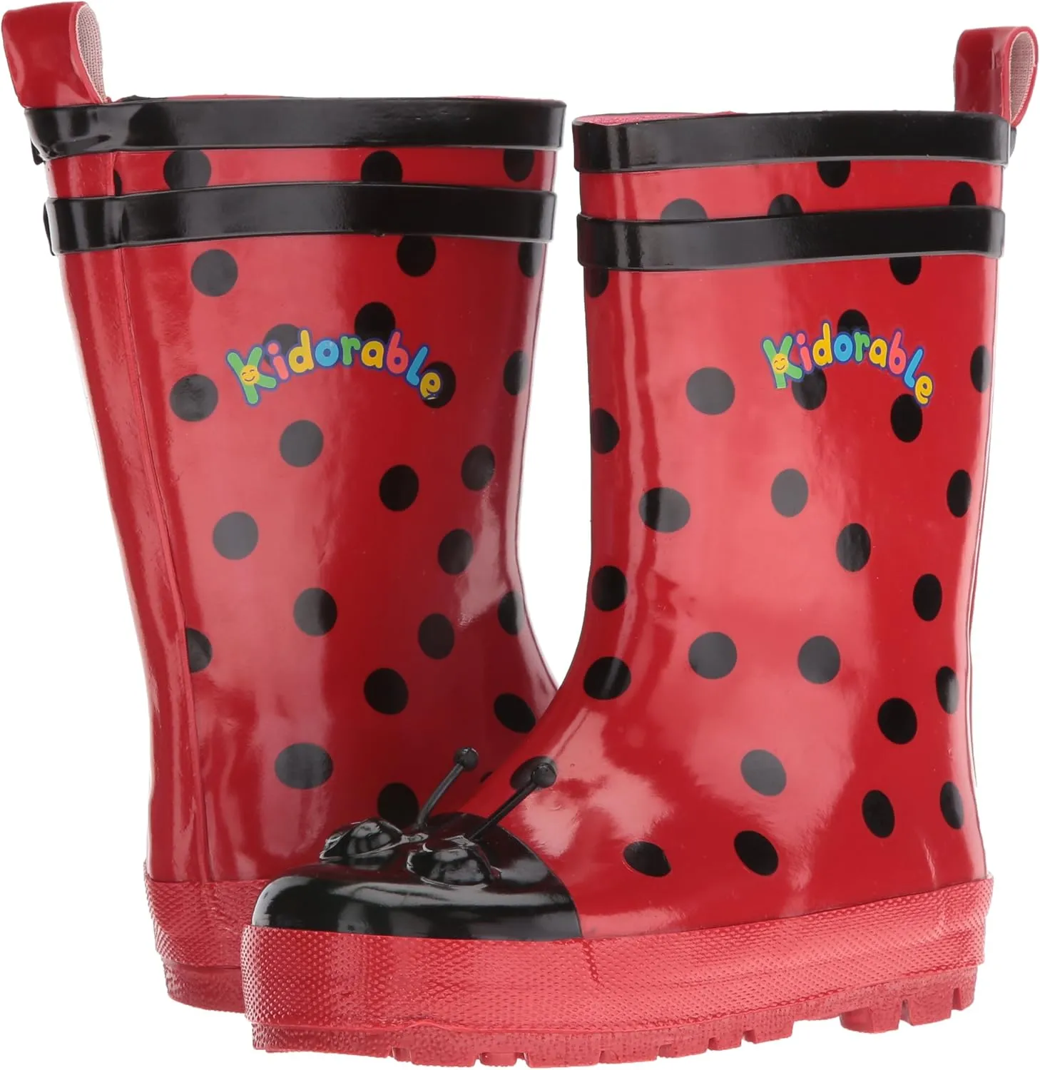 Red Ladybug Natural Rubber Rain Boots With A Pull On Heel Tab