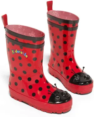 Red Ladybug Natural Rubber Rain Boots With A Pull On Heel Tab