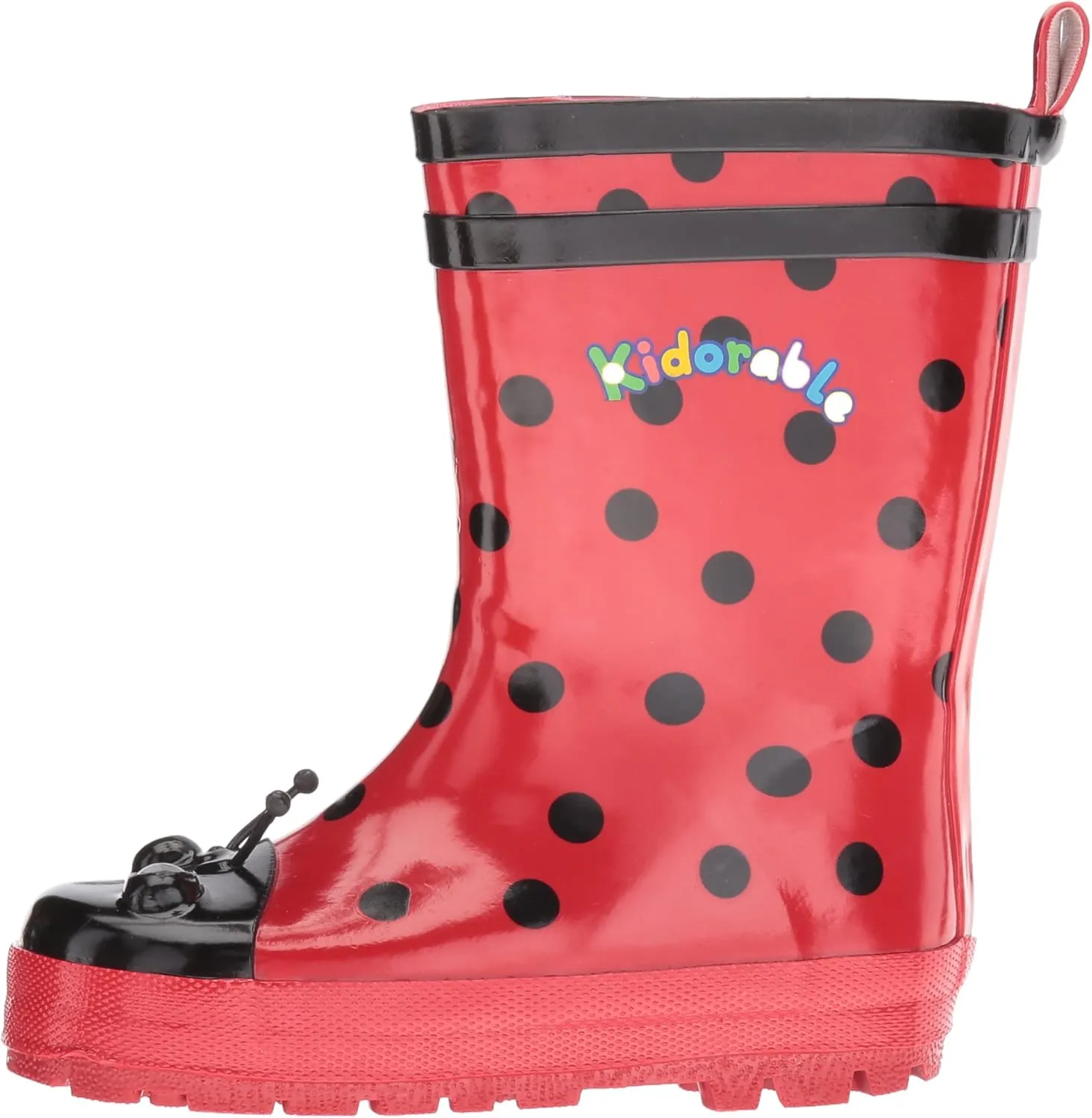 Red Ladybug Natural Rubber Rain Boots With A Pull On Heel Tab