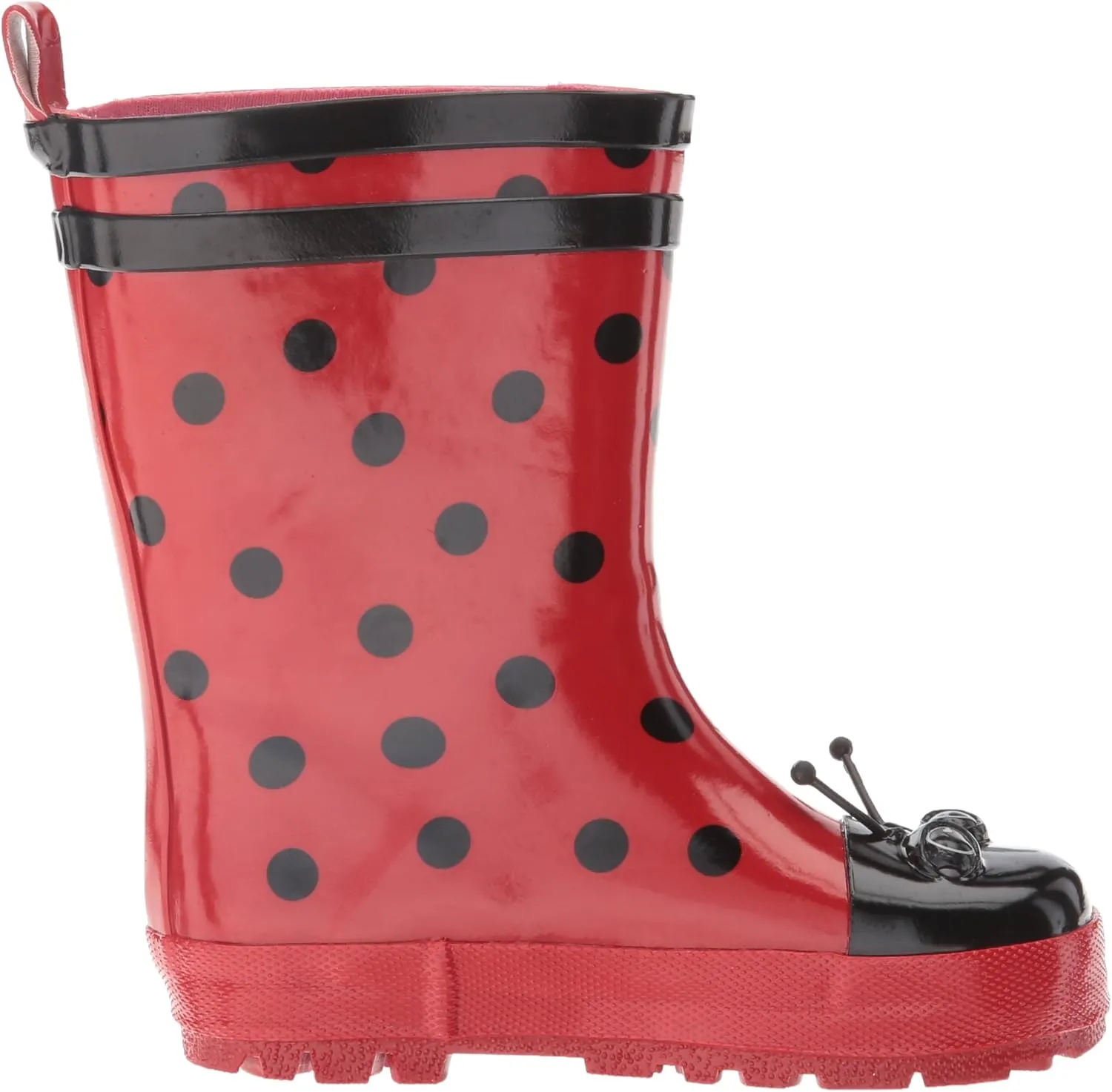 Red Ladybug Natural Rubber Rain Boots With A Pull On Heel Tab