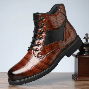 Retro crocodile pattern men's boots, men's cowhide printed pattern boots, men's mid top waterproof lace up boots