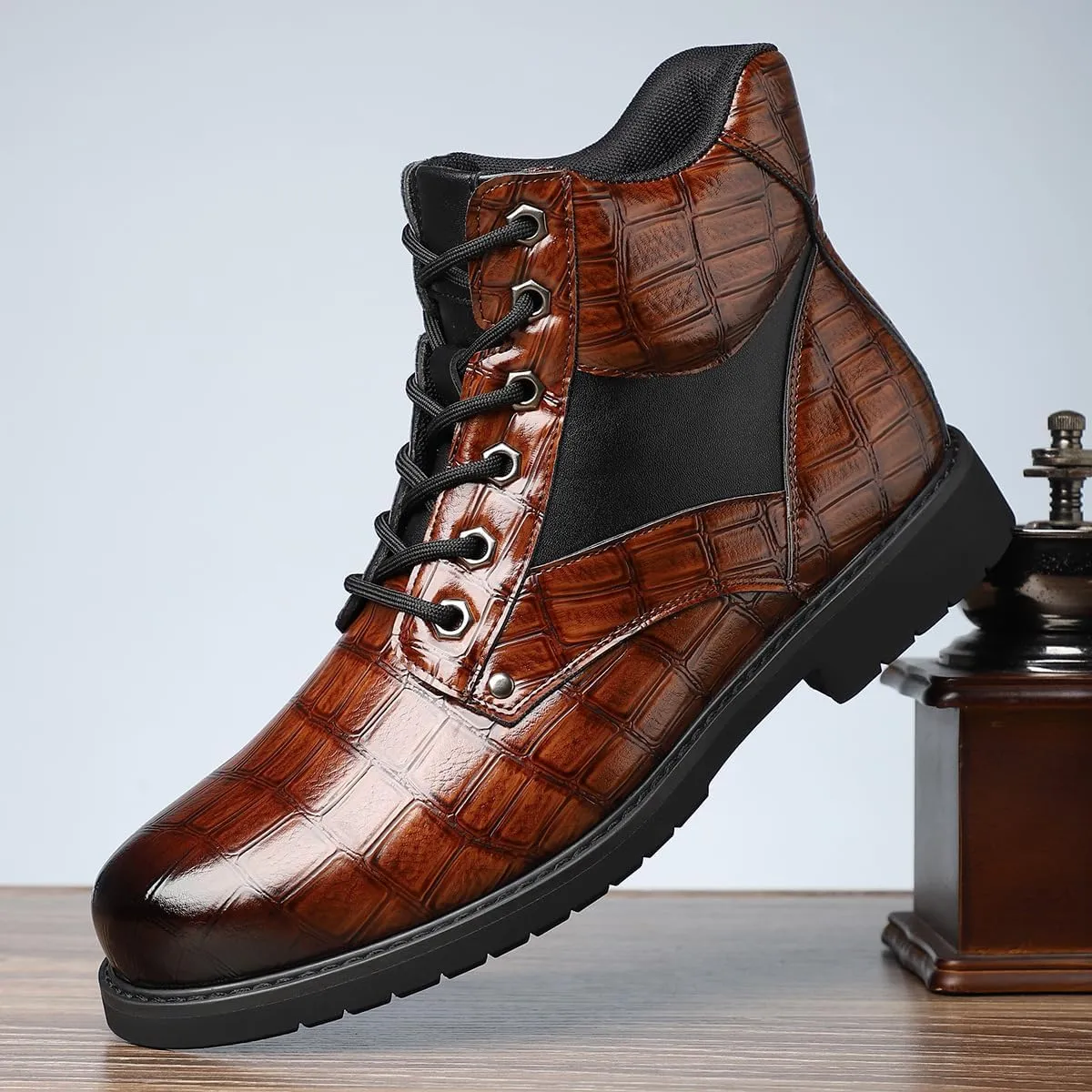 Retro crocodile pattern men's boots, men's cowhide printed pattern boots, men's mid top waterproof lace up boots