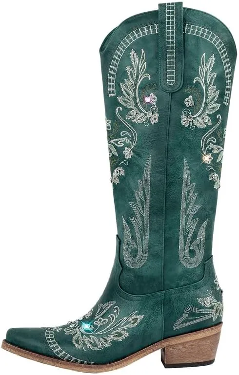 Richealnana Women's Cowgirl Round Roe Short Boots Embroidered Boots Chunky Heels