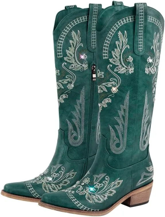 Richealnana Women's Cowgirl Round Roe Short Boots Embroidered Boots Chunky Heels