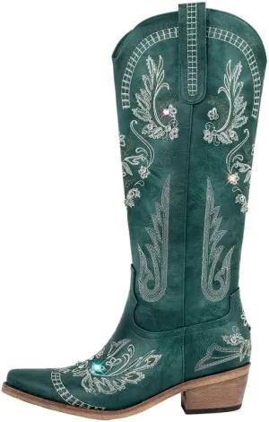 Richealnana Women's Cowgirl Round Roe Short Boots Embroidered Boots Chunky Heels