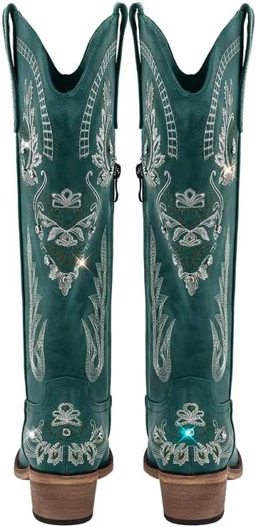 Richealnana Women's Cowgirl Round Roe Short Boots Embroidered Boots Chunky Heels