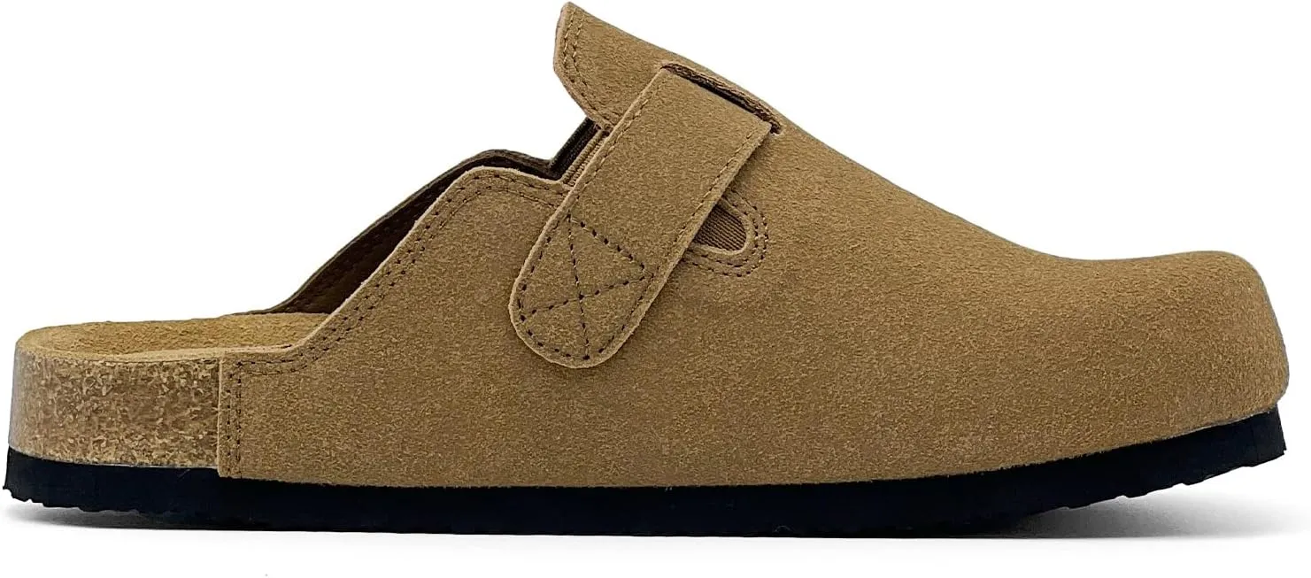 rosyclo Clogs for Women and Men, Suede Leather Hook and Loop Comfort Cork Footbed Adjustable Women's Mules House Slippers Clog Sandals Potato Shoes with Arch Support