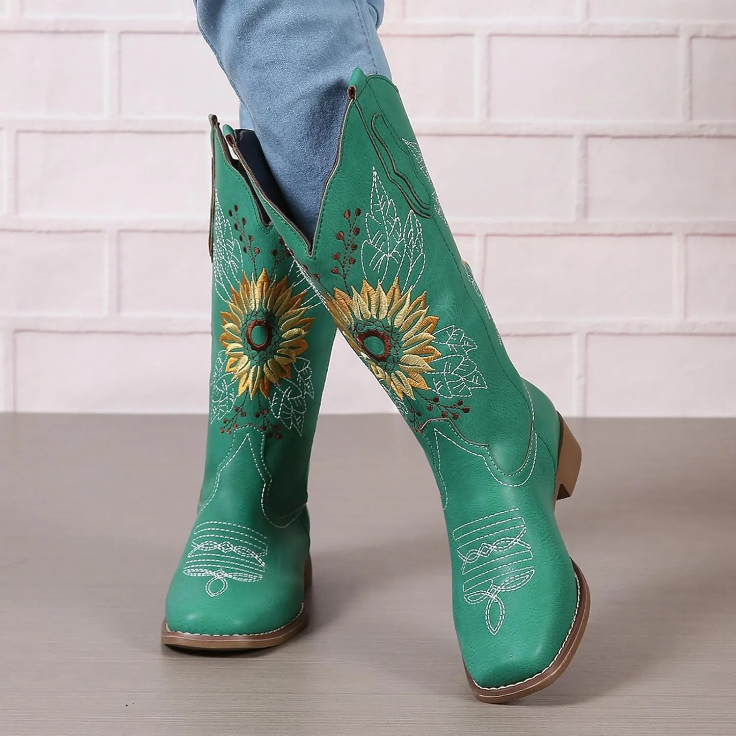 SACFOF Cowboy Boots for Women Sunflower Boots Square Toe Mid Calf Western Embroidery Stitched Low Heel Western Cowgirl Boots