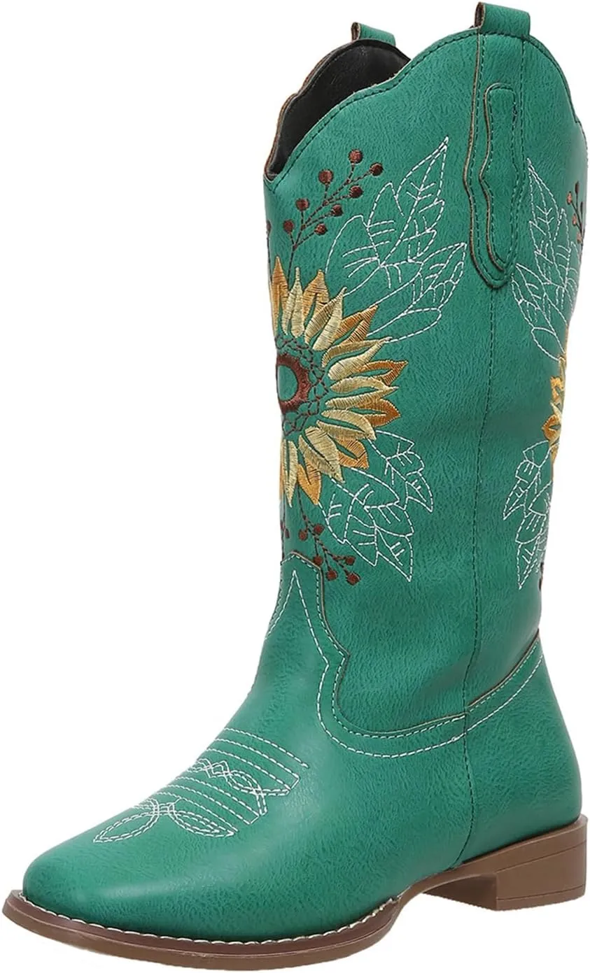 SACFOF Cowboy Boots for Women Sunflower Boots Square Toe Mid Calf Western Embroidery Stitched Low Heel Western Cowgirl Boots