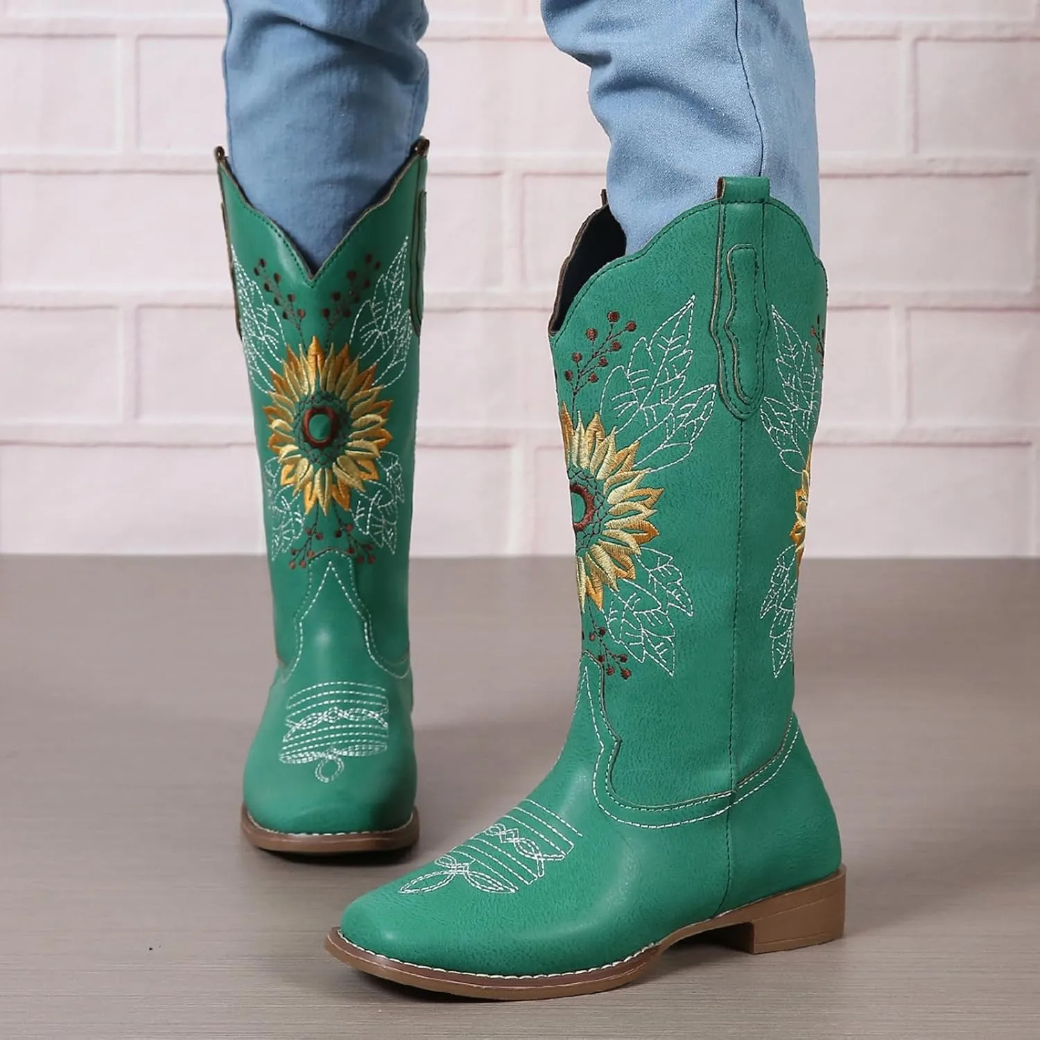 SACFOF Cowboy Boots for Women Sunflower Boots Square Toe Mid Calf Western Embroidery Stitched Low Heel Western Cowgirl Boots