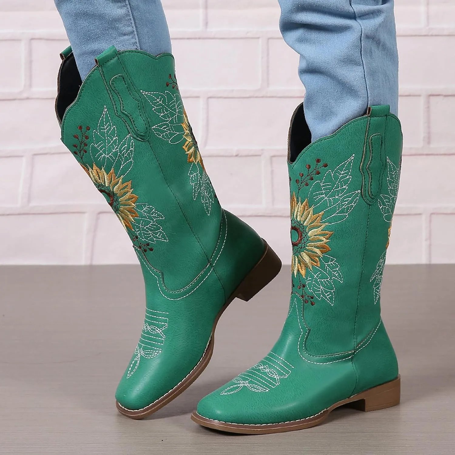 SACFOF Cowboy Boots for Women Sunflower Boots Square Toe Mid Calf Western Embroidery Stitched Low Heel Western Cowgirl Boots