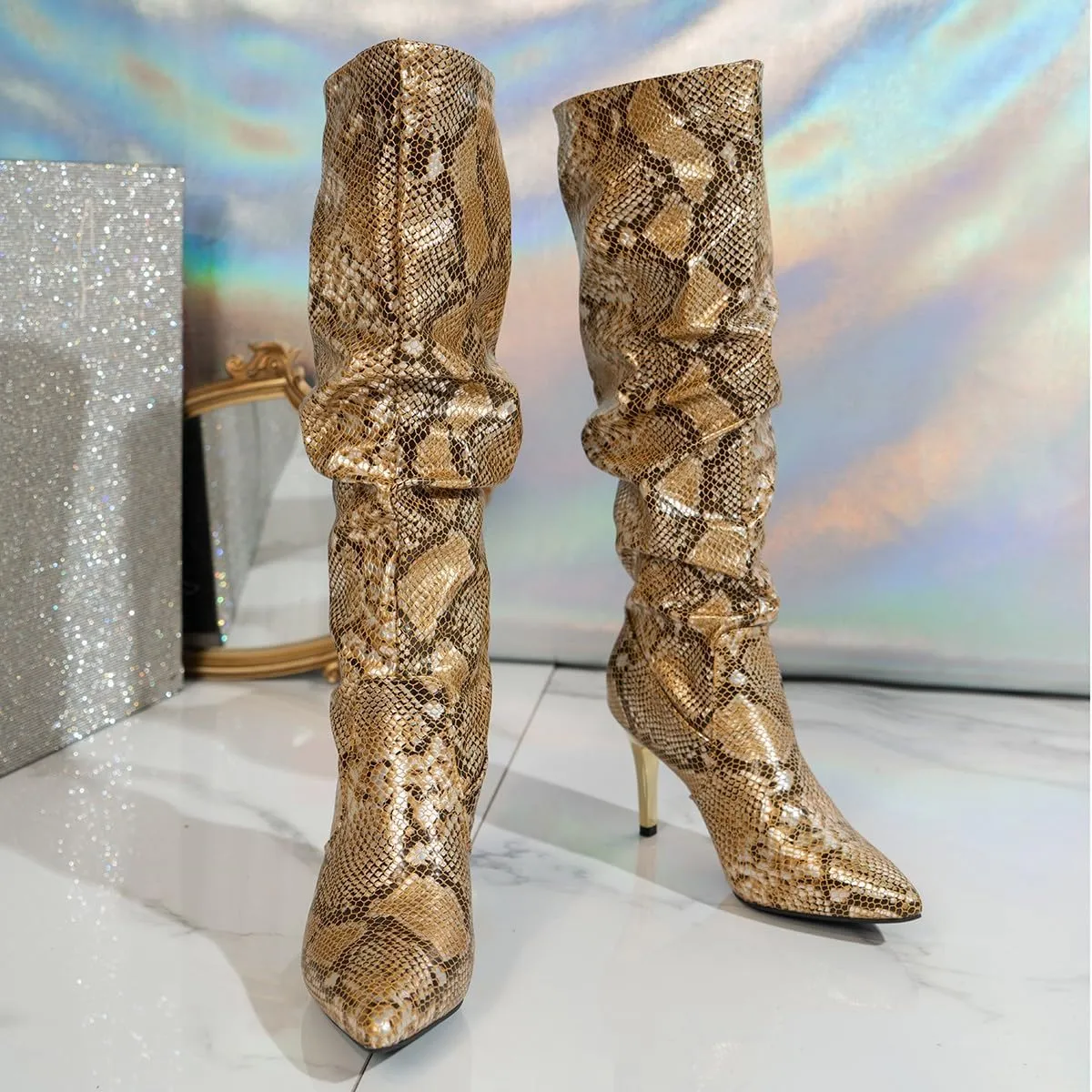 SACFOF Snakeskin Boots Knee High Boots for Women Sexy Stylish Exquisite Pointed Toe Stiletto High Heels Pleated Western Boots