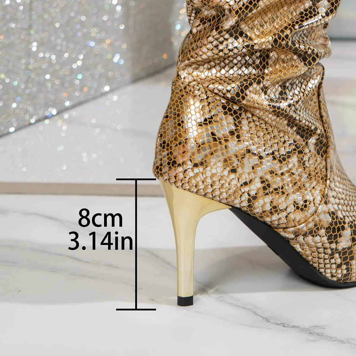 SACFOF Snakeskin Boots Knee High Boots for Women Sexy Stylish Exquisite Pointed Toe Stiletto High Heels Pleated Western Boots