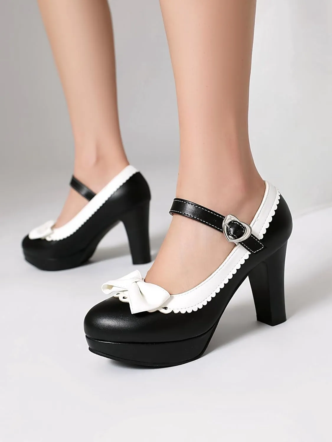 SACFOF Woman's High Heel Lolita Shoes Platform Cute Bowknot Mary Jane Shoes Dress Round Toe Pumps Shoes