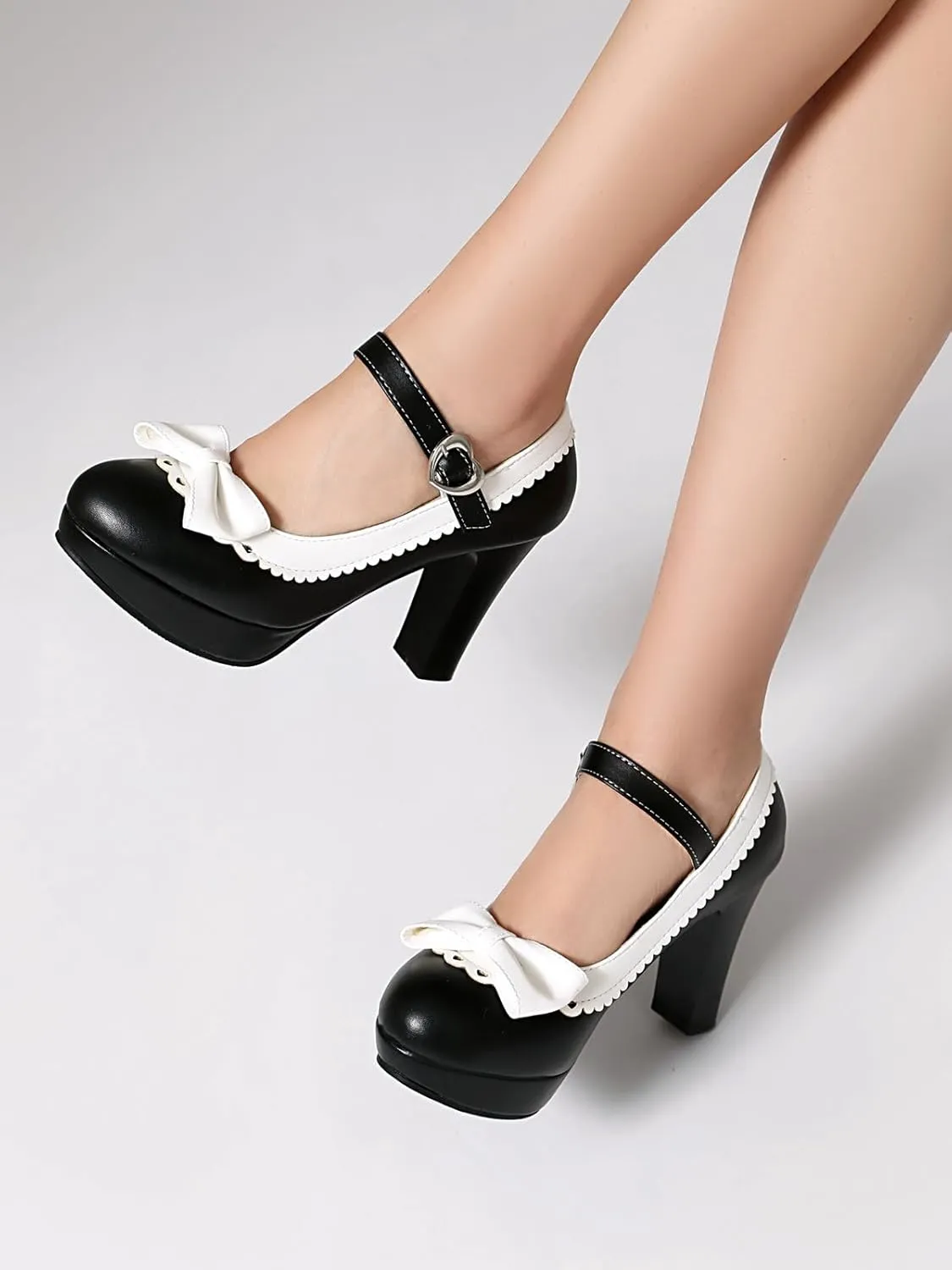 SACFOF Woman's High Heel Lolita Shoes Platform Cute Bowknot Mary Jane Shoes Dress Round Toe Pumps Shoes