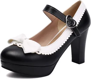 SACFOF Woman's High Heel Lolita Shoes Platform Cute Bowknot Mary Jane Shoes Dress Round Toe Pumps Shoes