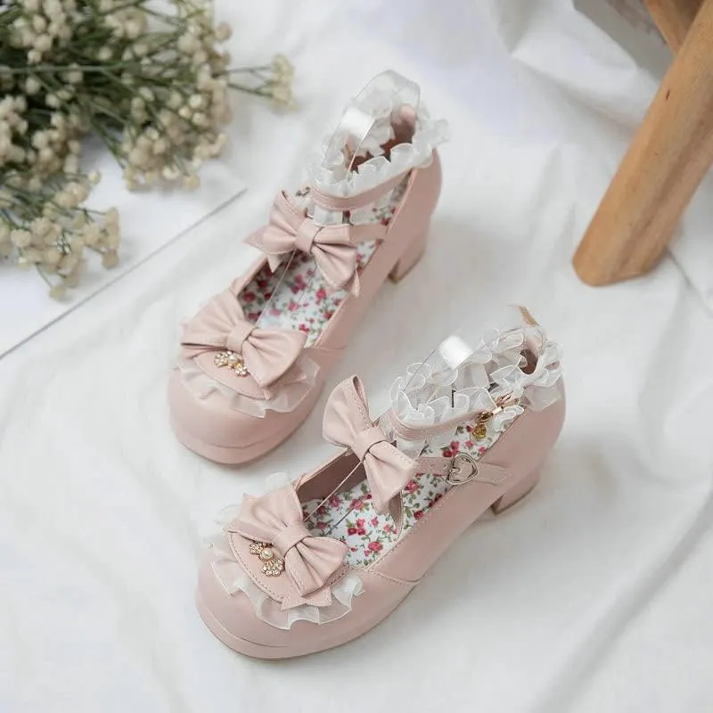 SACFOF Women Cute Lolita Shoes Platform Mary Janes Kawaii Strappy Ankle Strap Sweet Pumps Lace Cross Tied Dress Shoes