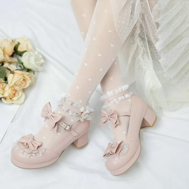 SACFOF Women Cute Lolita Shoes Platform Mary Janes Kawaii Strappy Ankle Strap Sweet Pumps Lace Cross Tied Dress Shoes