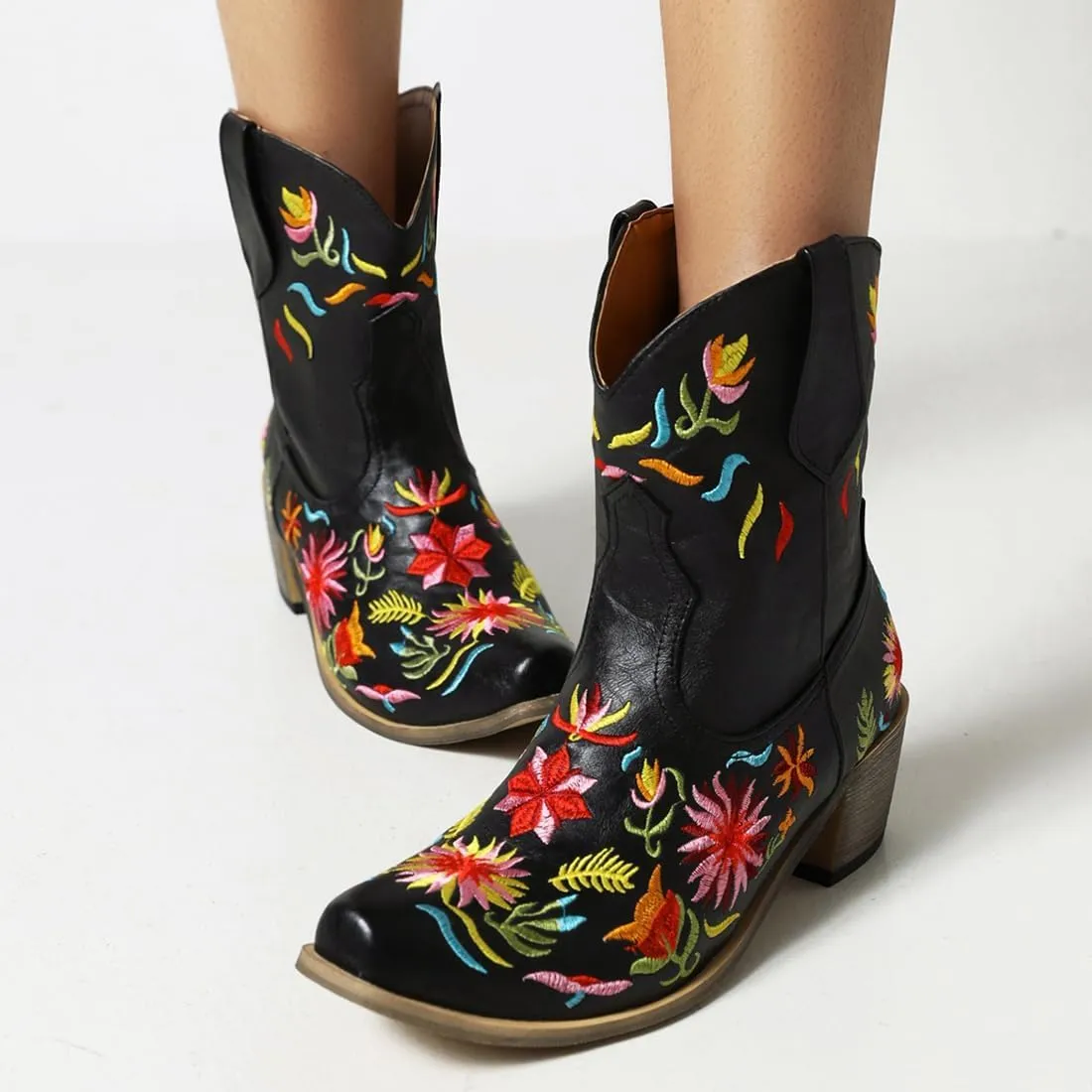 SACFOF Women's Ankle Boots Retro Mid Calf Square Toe Chunky Mid Heel Embroidered Western Cowgirl Cowboy Boots