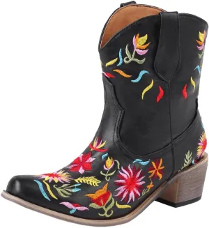 SACFOF Women's Ankle Boots Retro Mid Calf Square Toe Chunky Mid Heel Embroidered Western Cowgirl Cowboy Boots