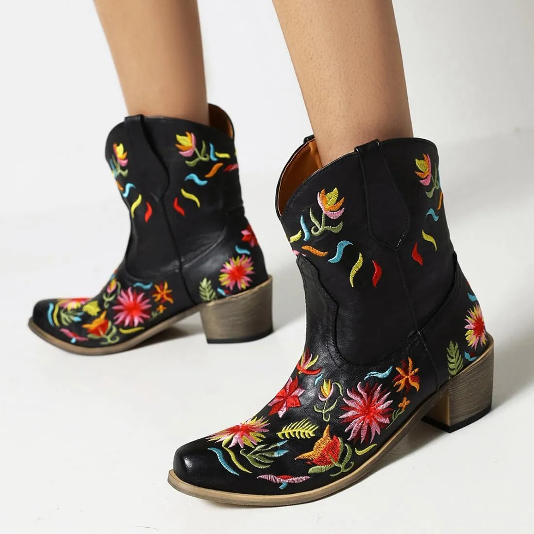 SACFOF Women's Ankle Boots Retro Mid Calf Square Toe Chunky Mid Heel Embroidered Western Cowgirl Cowboy Boots