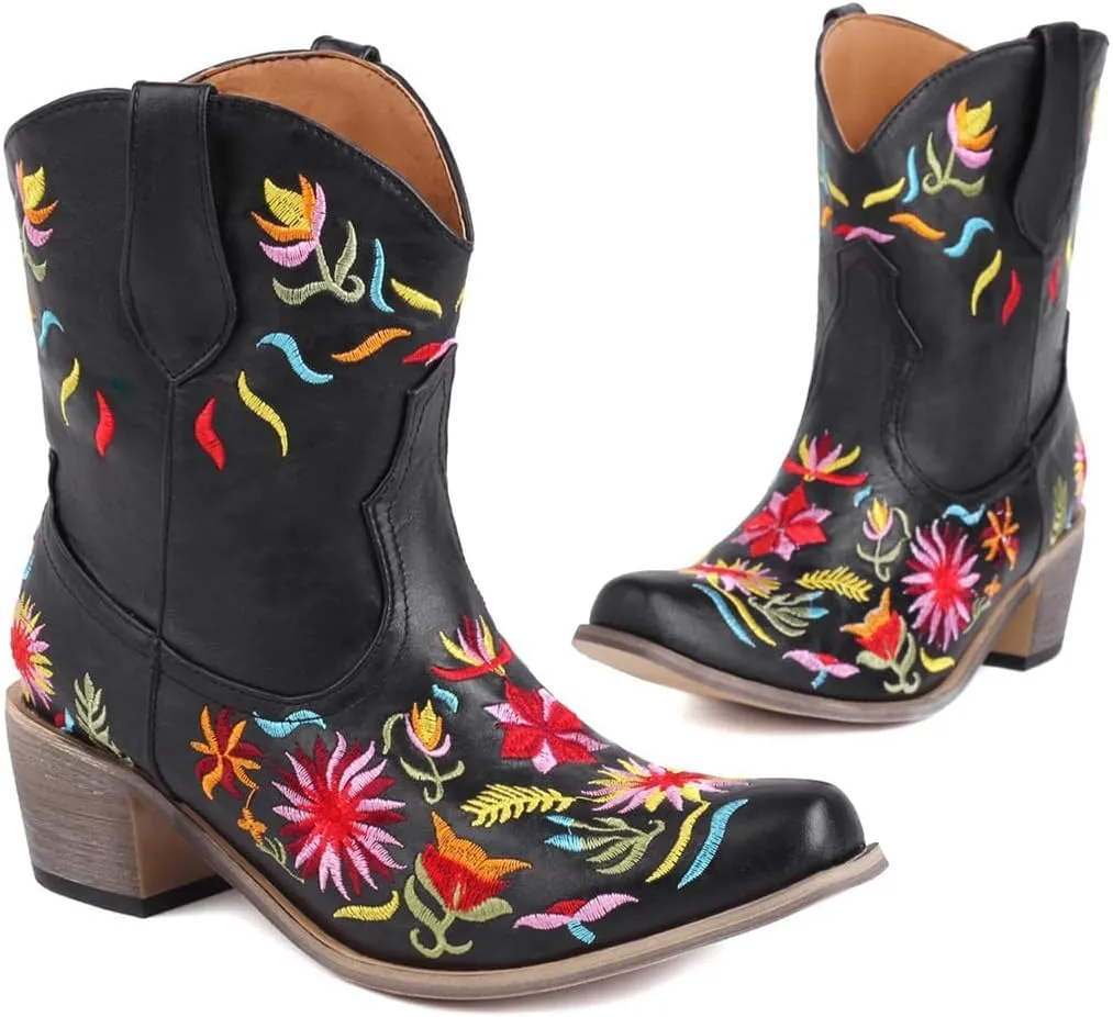 SACFOF Women's Ankle Boots Retro Mid Calf Square Toe Chunky Mid Heel Embroidered Western Cowgirl Cowboy Boots