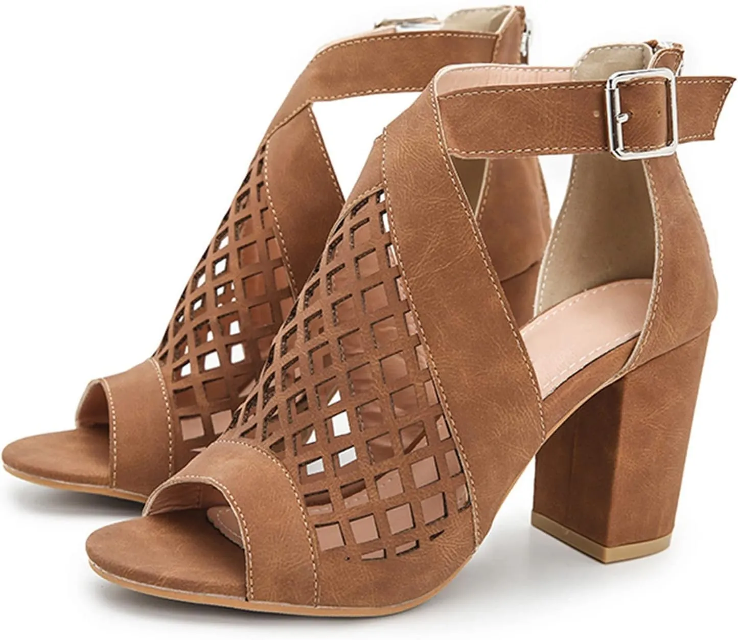 SACFOF Womens Chunky Heel Sandals Cut Out Peep Toe Zipper Block Heel Sandals Summer Beach Dressy Party High Heeled Sandals
