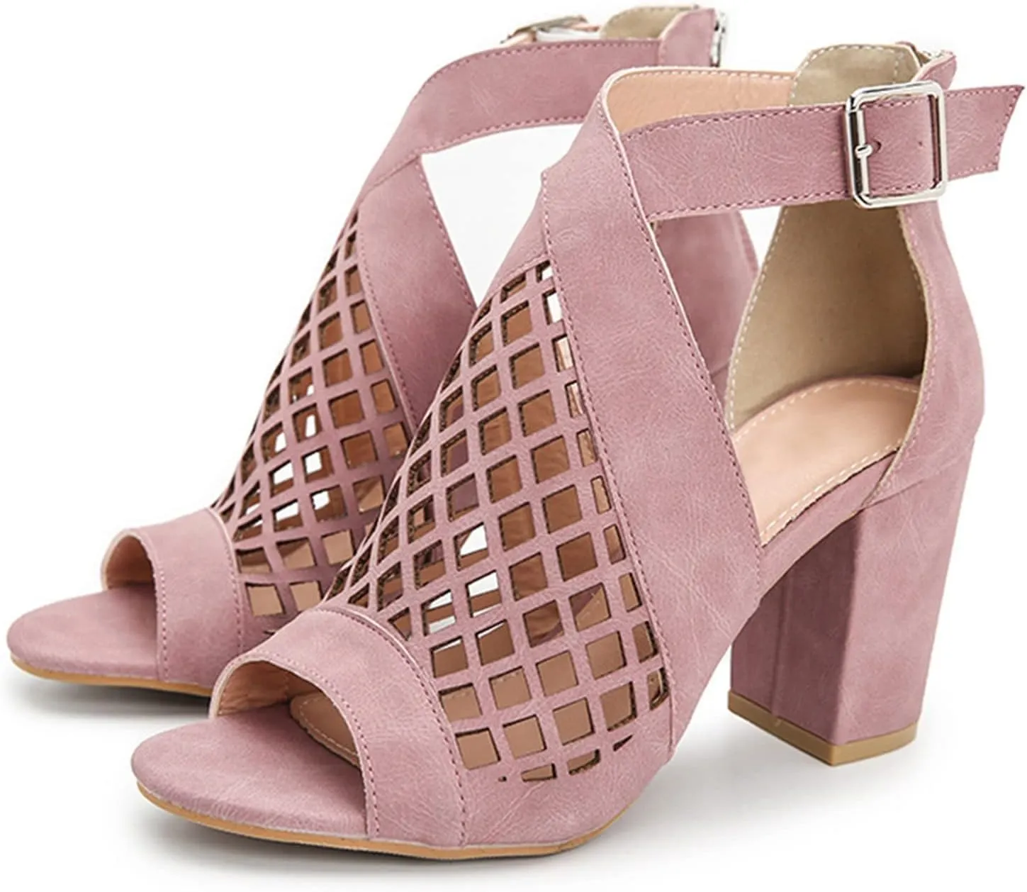 SACFOF Womens Chunky Heel Sandals Cut Out Peep Toe Zipper Block Heel Sandals Summer Beach Dressy Party High Heeled Sandals