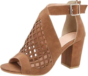 SACFOF Womens Chunky Heel Sandals Cut Out Peep Toe Zipper Block Heel Sandals Summer Beach Dressy Party High Heeled Sandals
