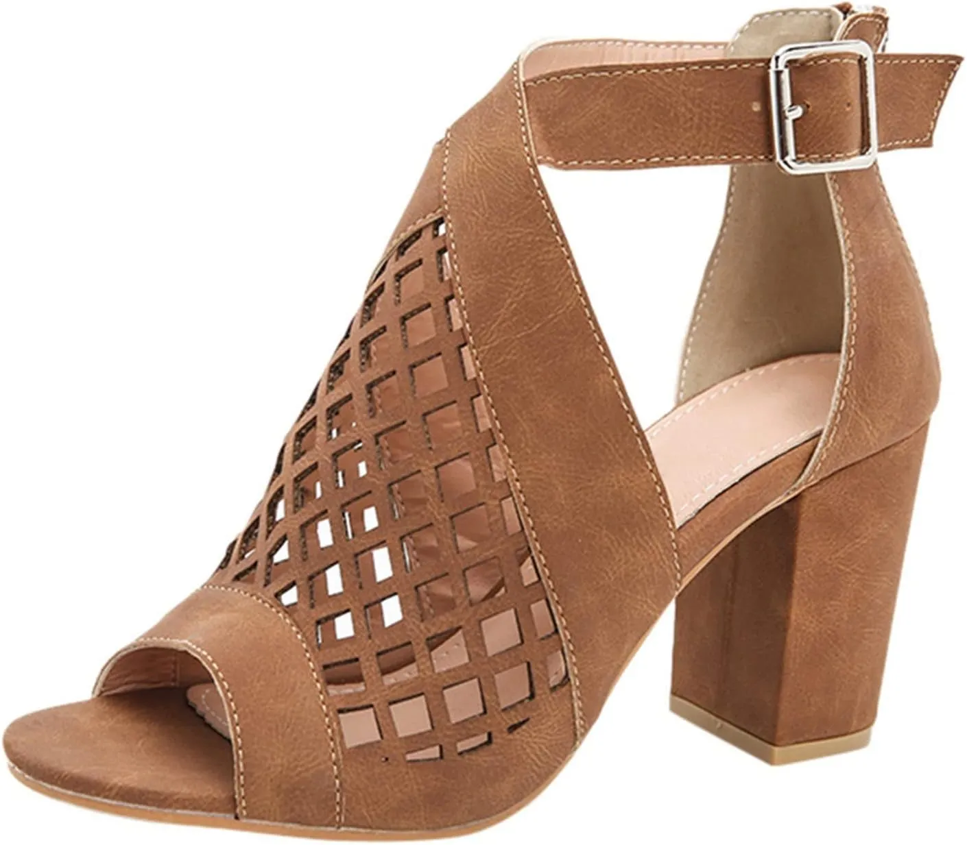SACFOF Womens Chunky Heel Sandals Cut Out Peep Toe Zipper Block Heel Sandals Summer Beach Dressy Party High Heeled Sandals