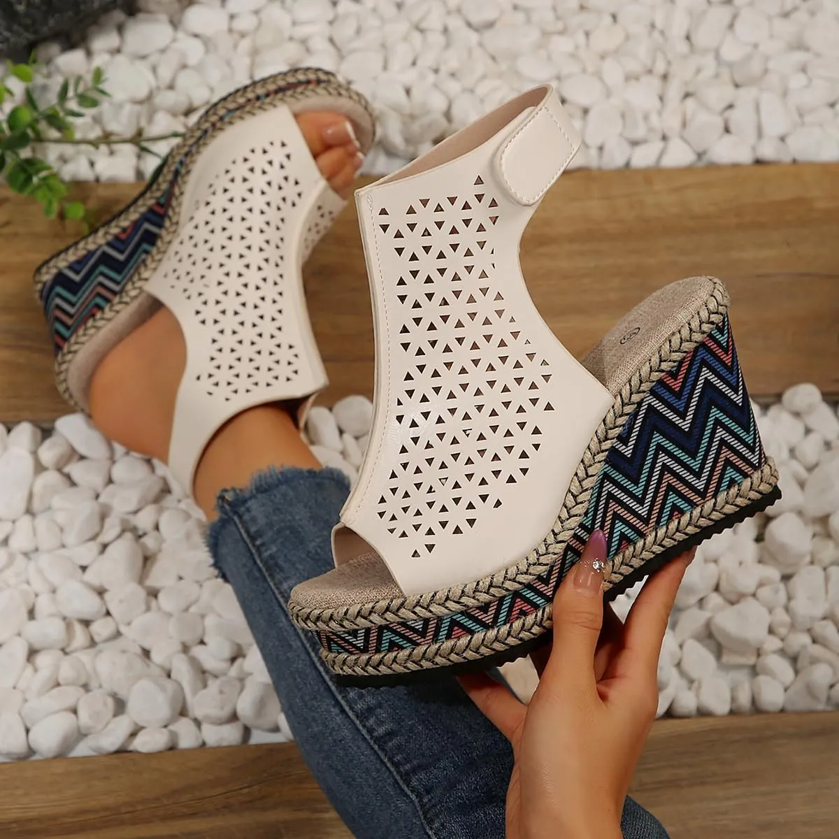 SACFOF Women's Cut Out Peep Toe Wedge Sandals Summer Slingback Ankle Booties Platform Wedge Heels Sandals